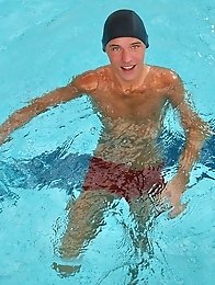 Blonde muscle  teen boy swimming pool fun