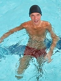 Blonde muscle  teen boy swimming pool fun